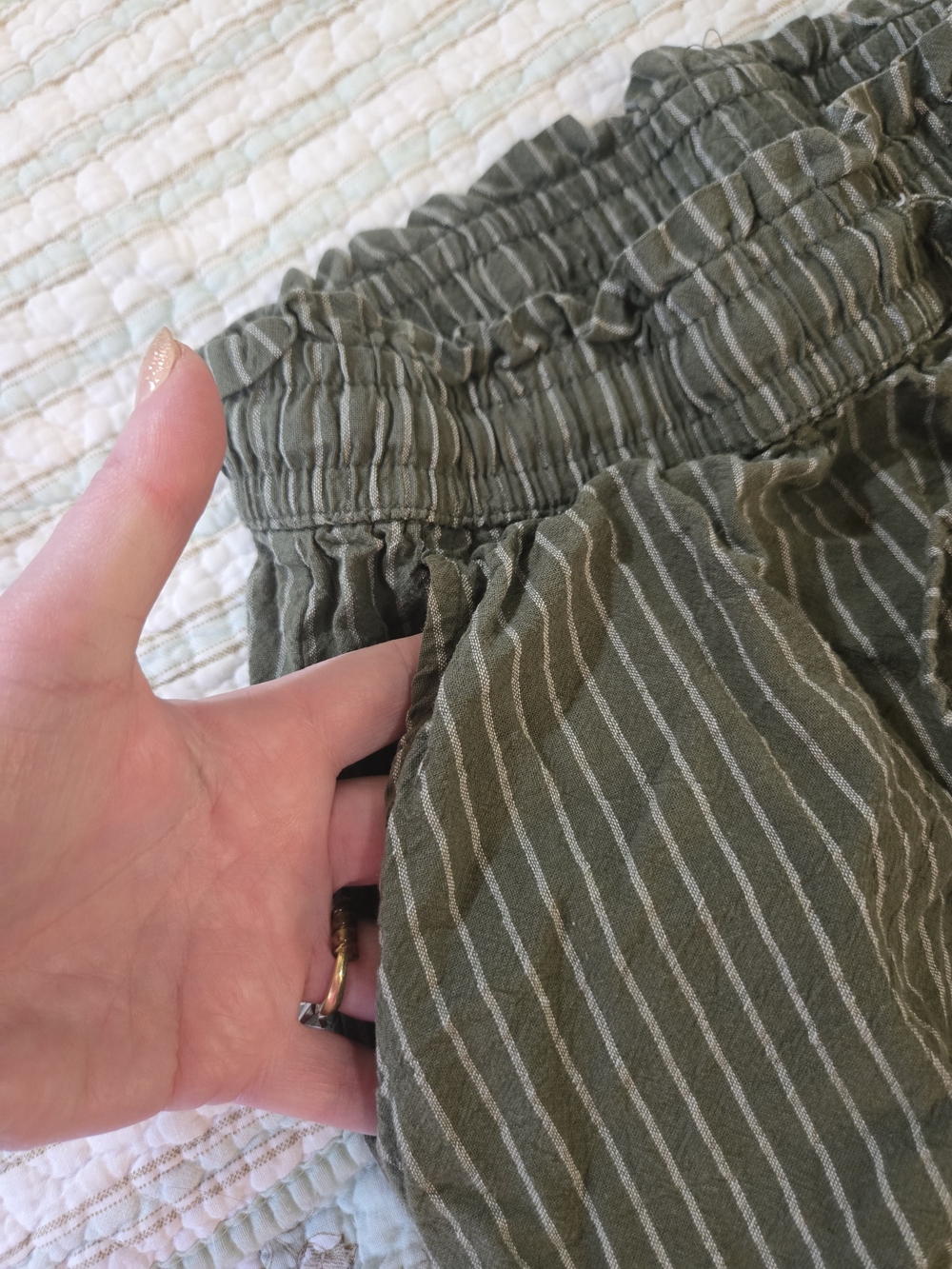 Olive Green Pinstripe Wide-Leg Loung Linen Blend Pants L - Picture 5 of 8